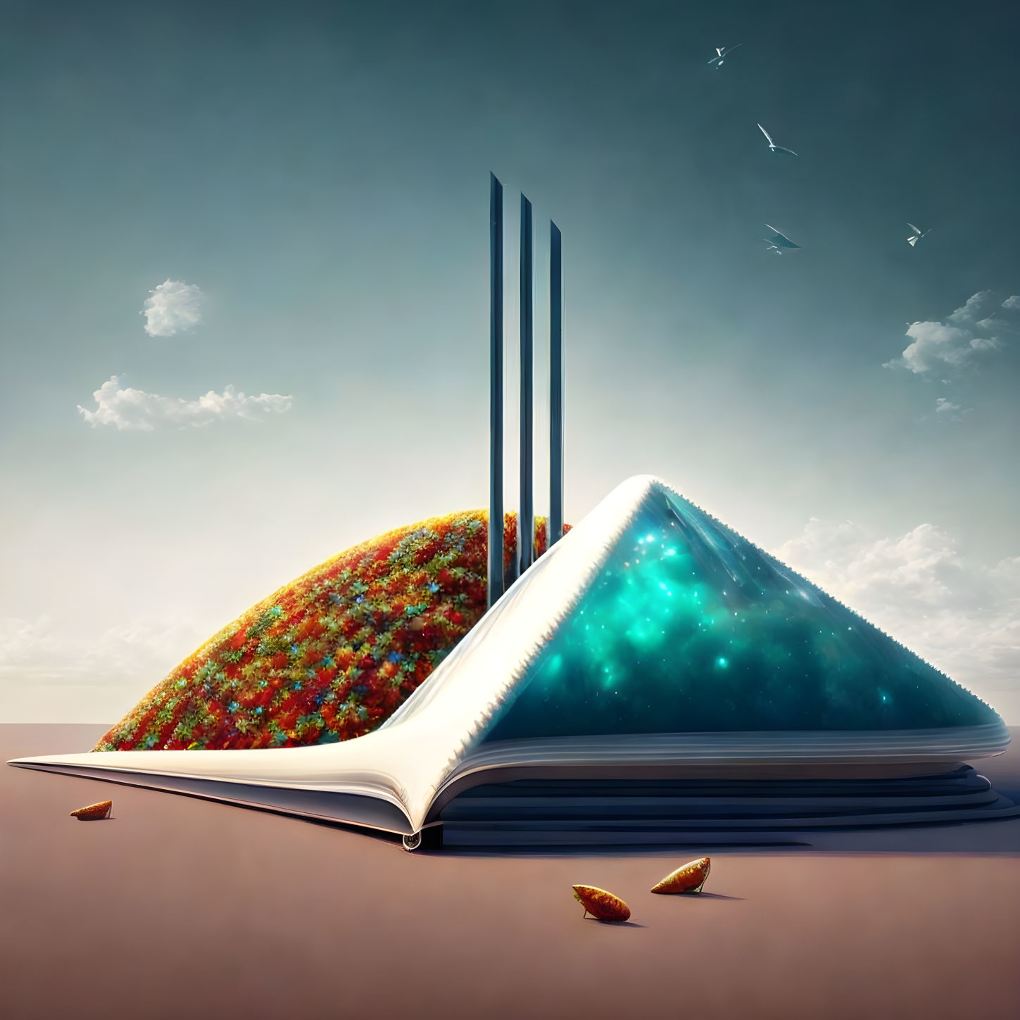 Open book showing lush hill & starry night sky with bookmarks, birds, and leaves.