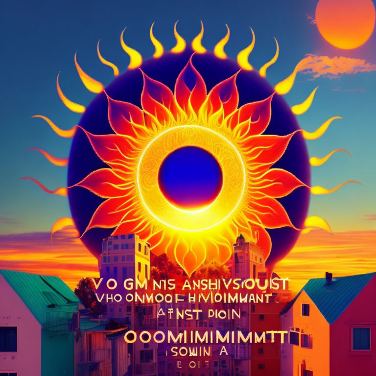 Colorful cityscape sunset with stylized sun and circular lettering.