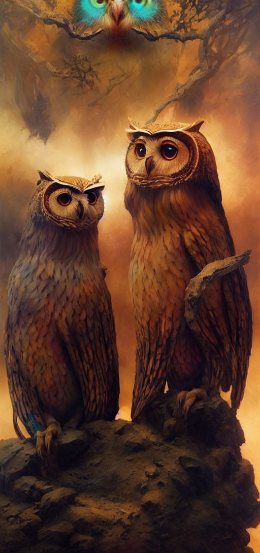 Stylized owls with expressive eyes on branch against misty background