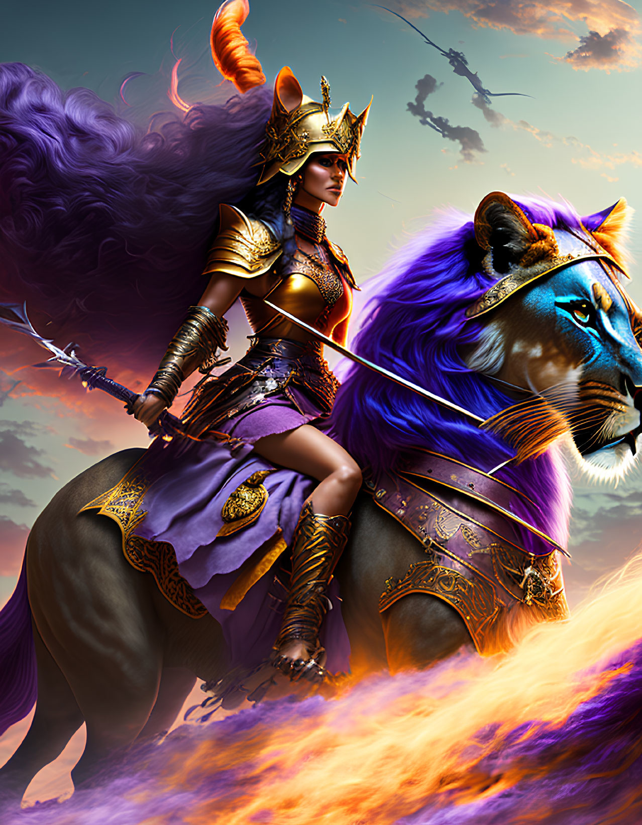 Regal warrior on lion with purple mane under dramatic sky