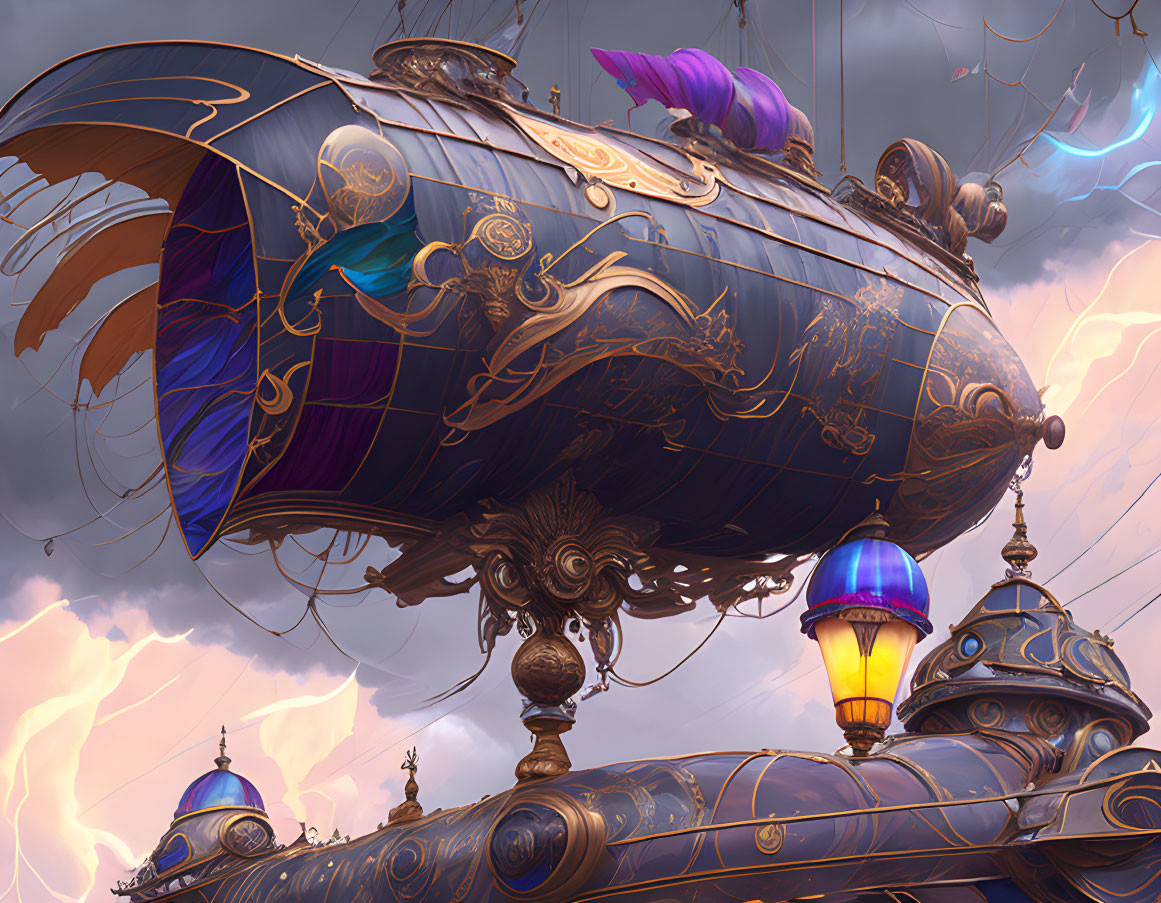 Steampunk airship with golden accents and purple sails in stormy sky