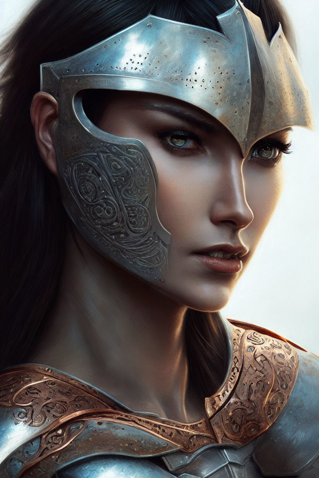 Portrait of Woman with Green Eyes in Metallic Helmet and Shoulder Armor