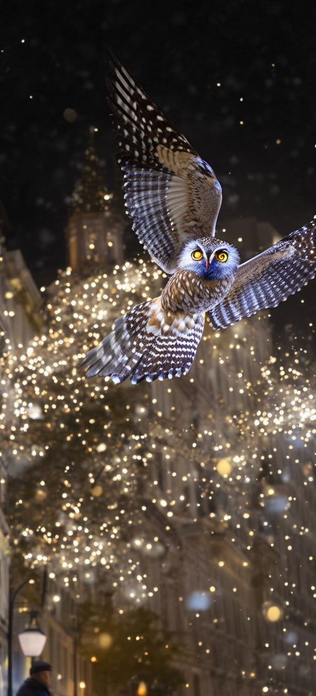 Nocturnal owl flying over snowy city street at night