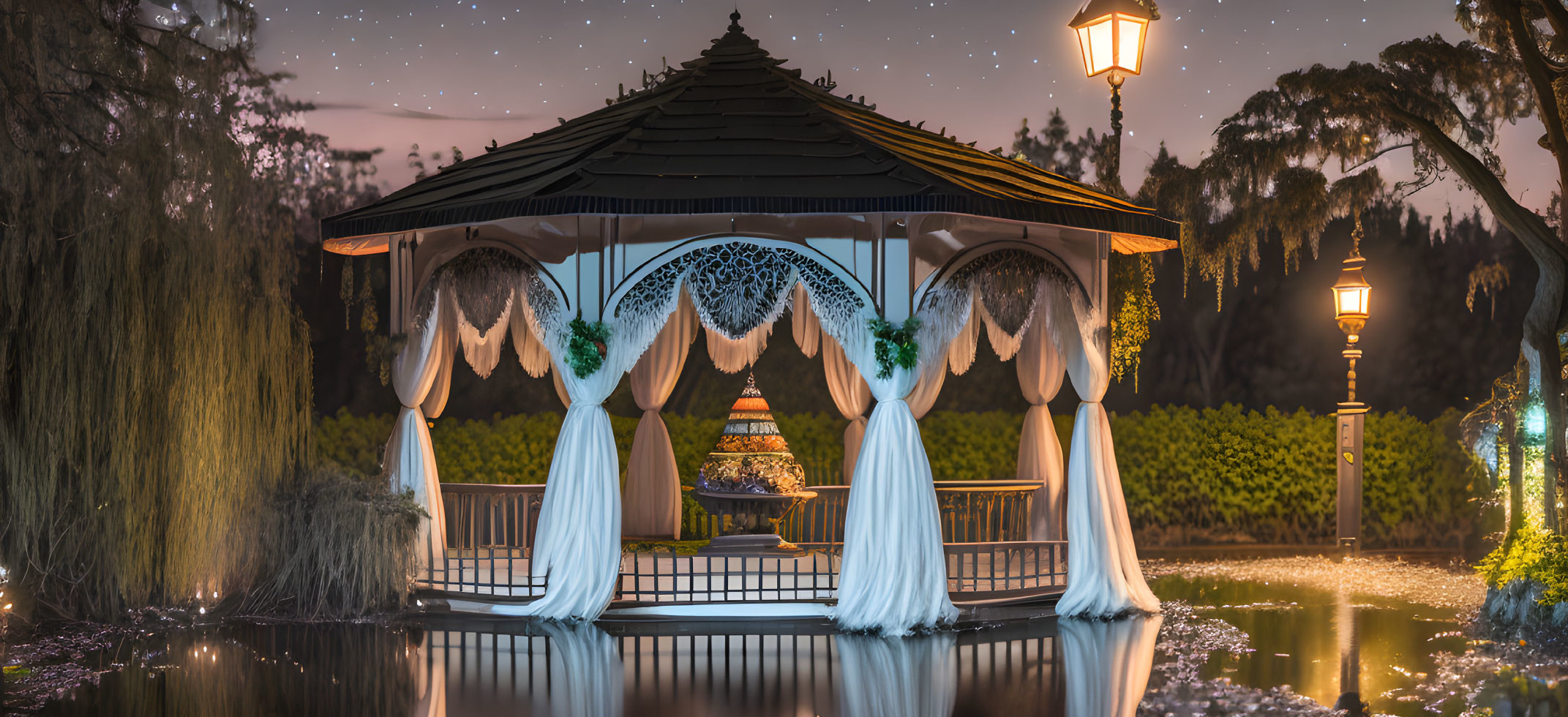 Ornate gazebo by pond under starry sky with street lamps