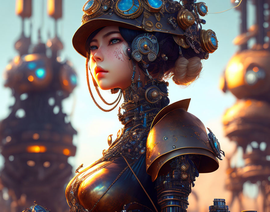 Steampunk-themed portrait of woman in gear-adorned attire with industrial backdrop