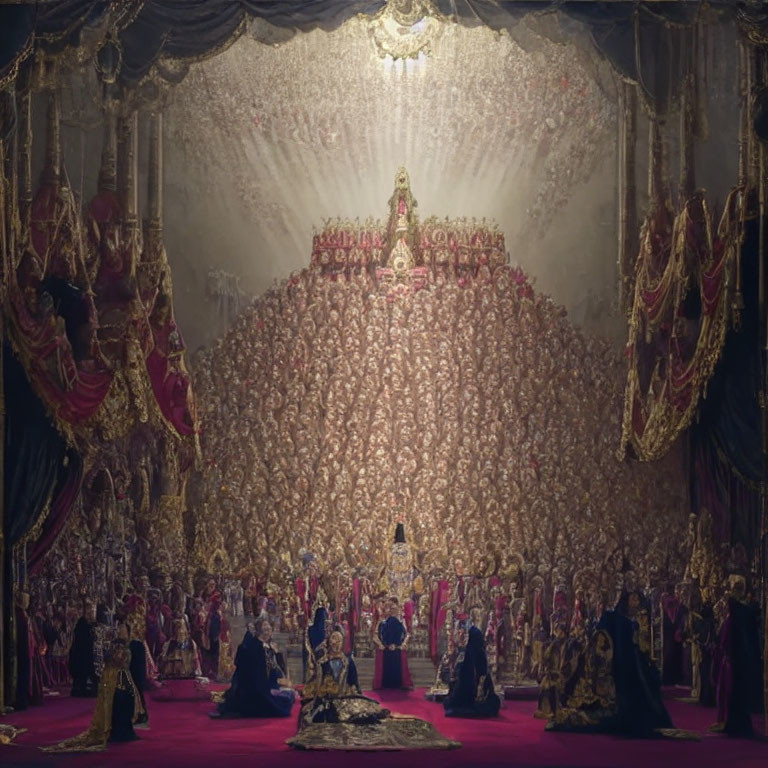 Luxurious historical royal court with people in ornate attire and a central throne