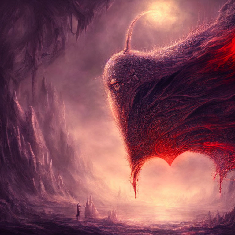 Solitary figure confronts majestic dragon in mystical cavern landscape