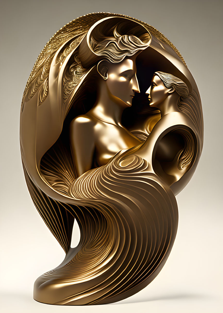 Intricate Golden Sculpture of Two Embracing Figures