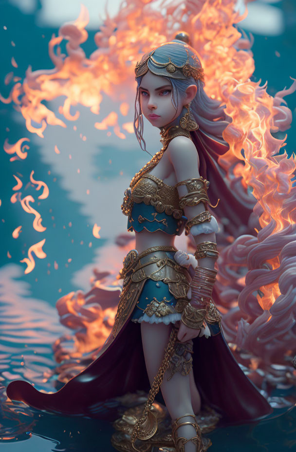 Purple-haired warrior woman in blue armor with fiery elements by water