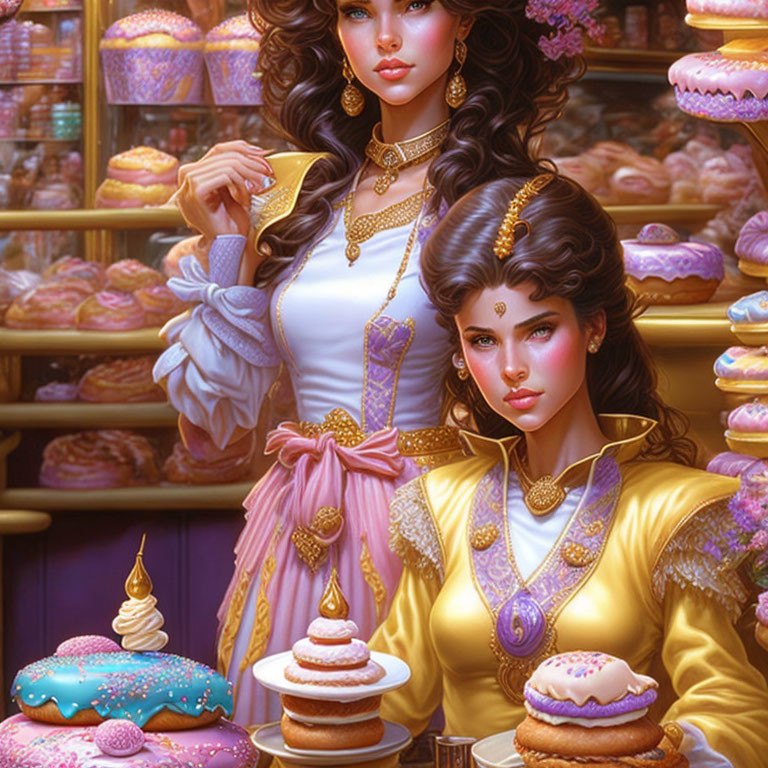 Two women in elegant attire surrounded by colorful pastries in a vibrant bakery