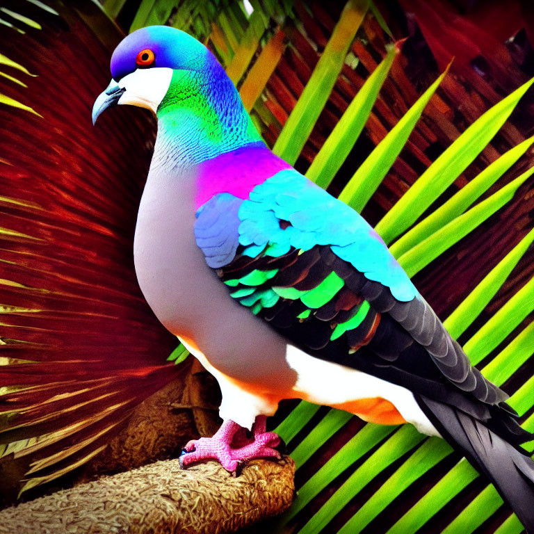 Colorful Pigeon with Iridescent Plumage on Palm Branch