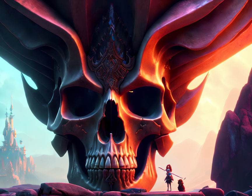 Enormous skull with intricate horns in fiery sky and castle in distance