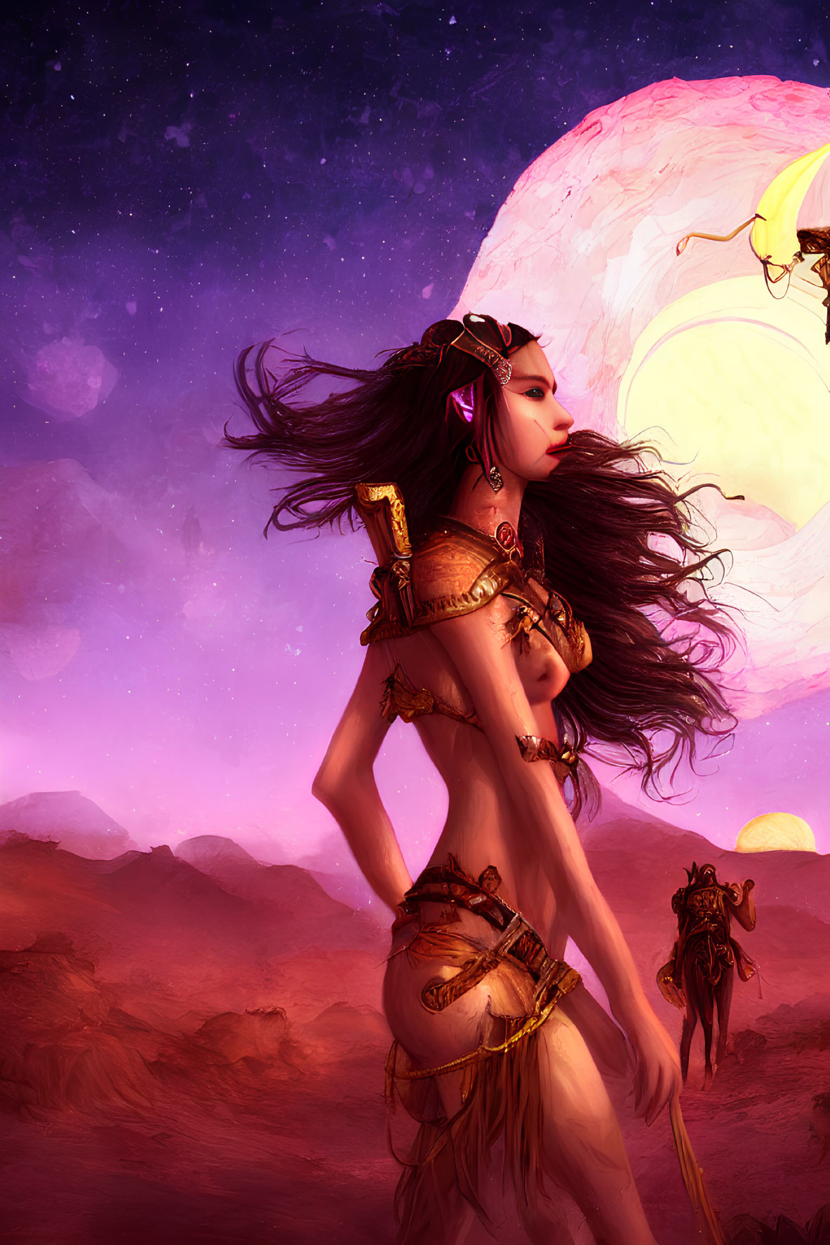 Fantasy image: Warrior woman in golden armor under moon with ethereal balloons