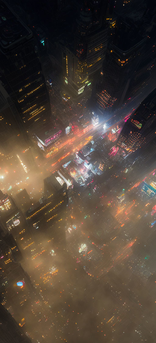 Foggy nighttime cityscape with illuminated streets, skyscrapers, and vibrant traffic streaks