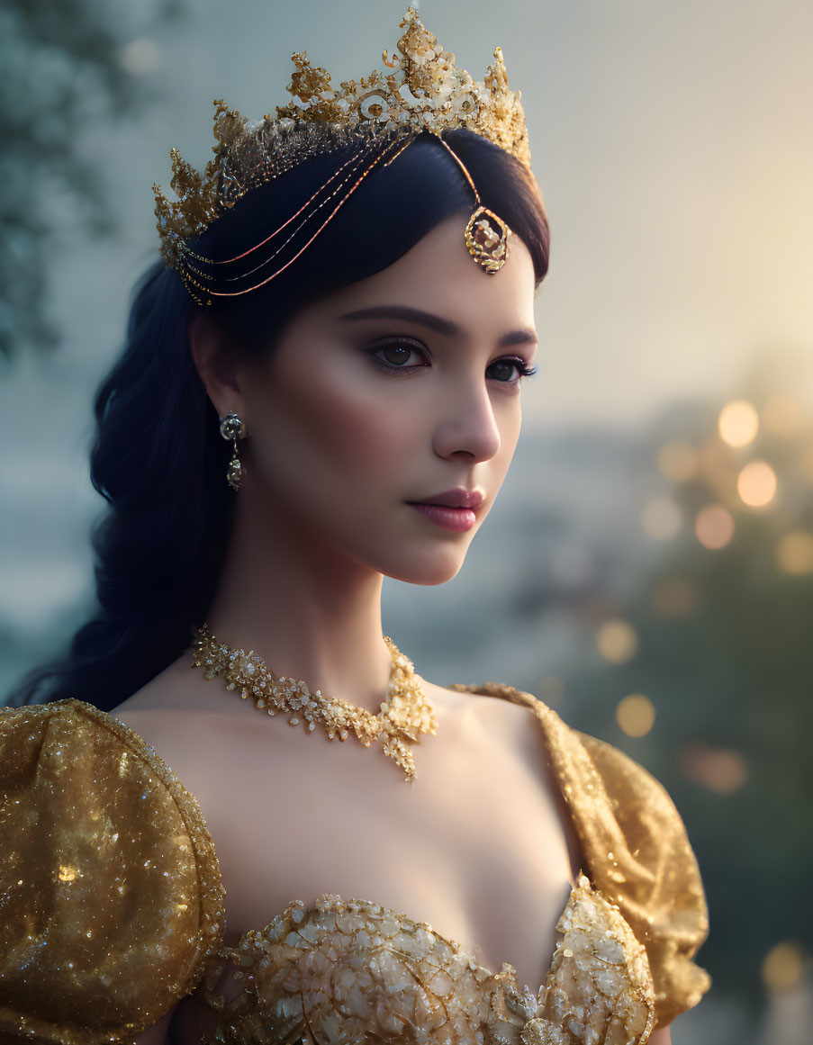 Regal figure in crown and gold jewelry on bokeh background