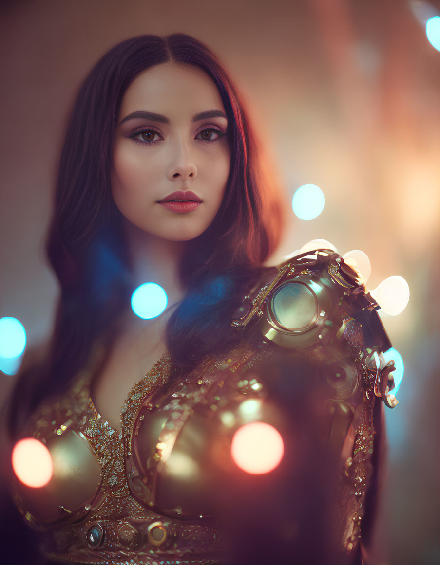 Long-haired woman with steampunk mechanical shoulder piece in colorful bokeh.