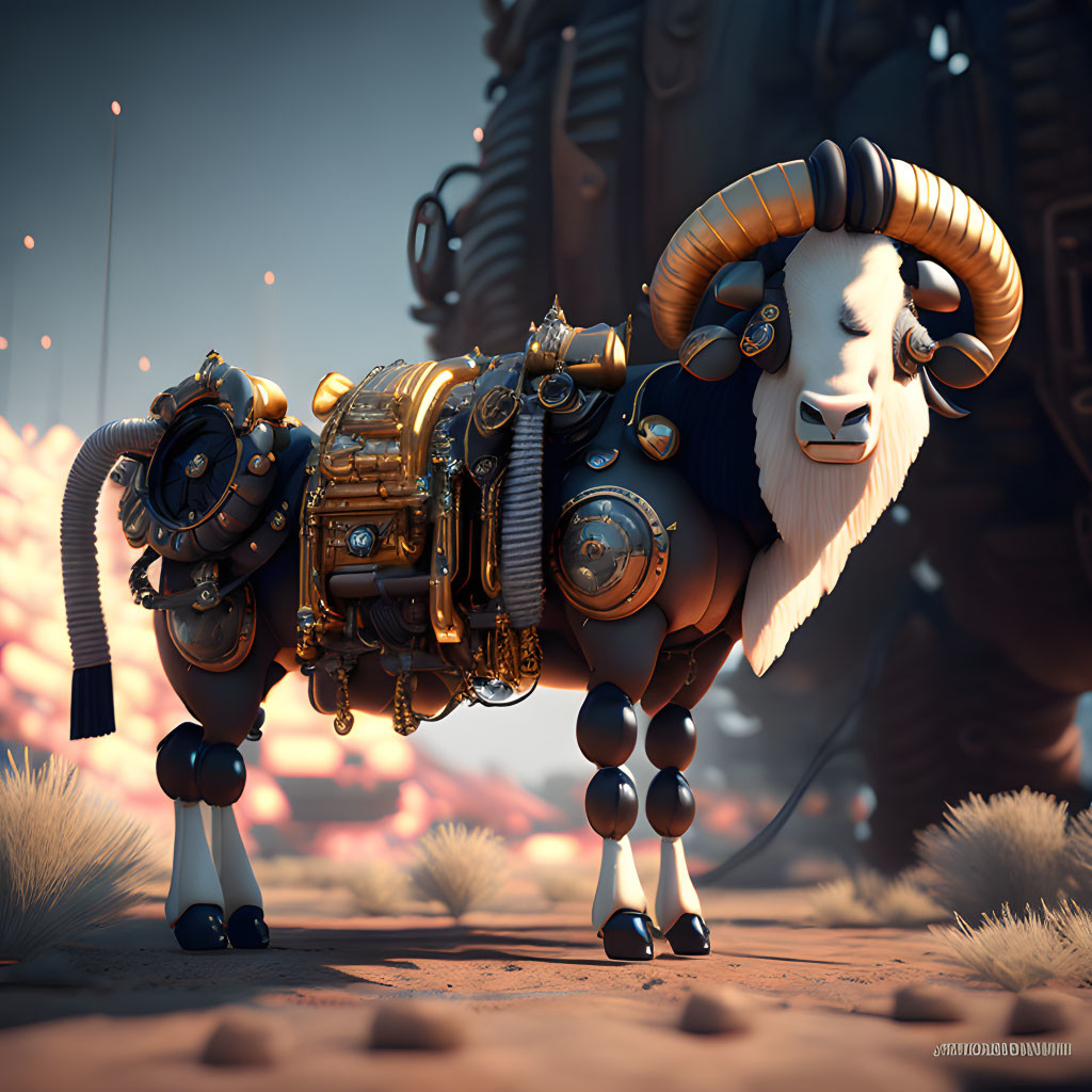 Mechanical ram with golden gears in desert landscape