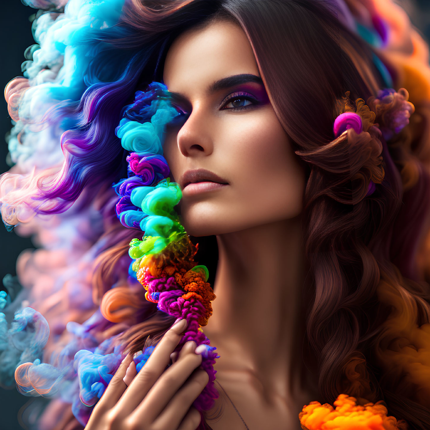 Vivid colorful smoke surrounds woman with wavy hair