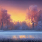 Misty Lake Landscape at Dawn with Colorful Sky