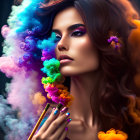 Vivid colorful smoke surrounds woman with wavy hair