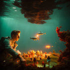 Animated underwater scene with contemplative character and stylized fish