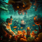 Colorful Coral Reefs and Fantasy Towers in Sunlit Ocean Scene