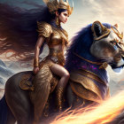 Regal warrior woman in golden armor riding giant lion under cloudy sky