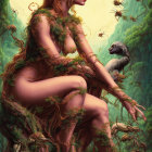 Mythical forest nymph surrounded by flora and fauna in misty woodland