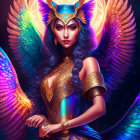 Illustration of woman with rainbow wings, golden headdress, armor, and light orb