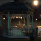 Tranquil night scene with lit gazebo and glowing street lamps