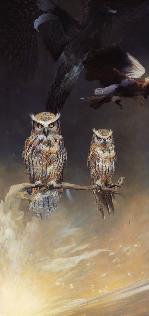 Ethereal owl duo on branch with shadowy bird of prey in cloudy backdrop