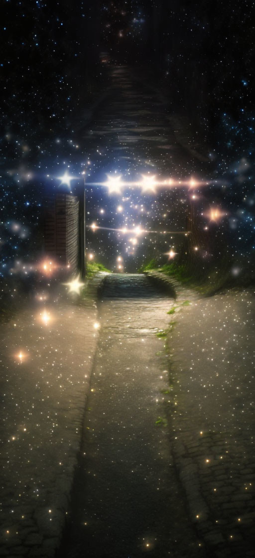 Mystical pathway to luminous gate under starry night sky