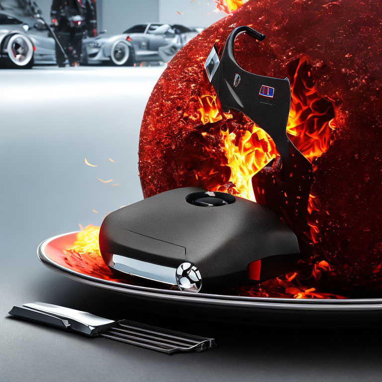 Car Brand Logos Gaming Mouse on Fiery-Red Backdrop with Pen Set, Vehicles, and
