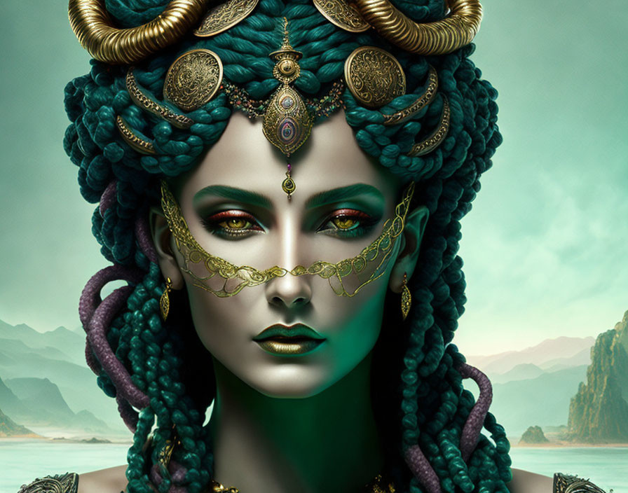 Detailed digital artwork of woman with green skin and ornate headwear