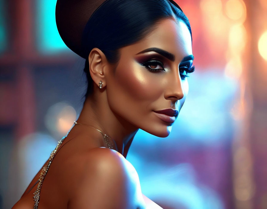 Elegant woman with bold makeup and sparkling earrings on colorful backdrop