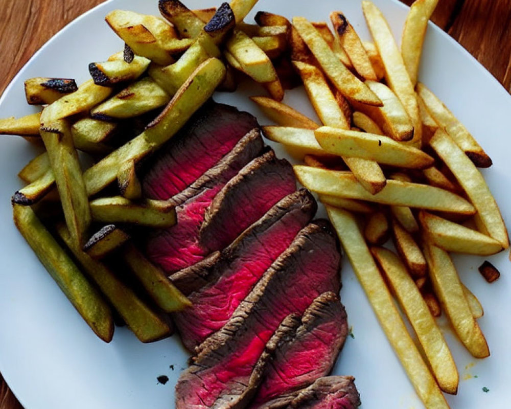 Medium-Rare Steak Slices with Golden French Fries on White Plate