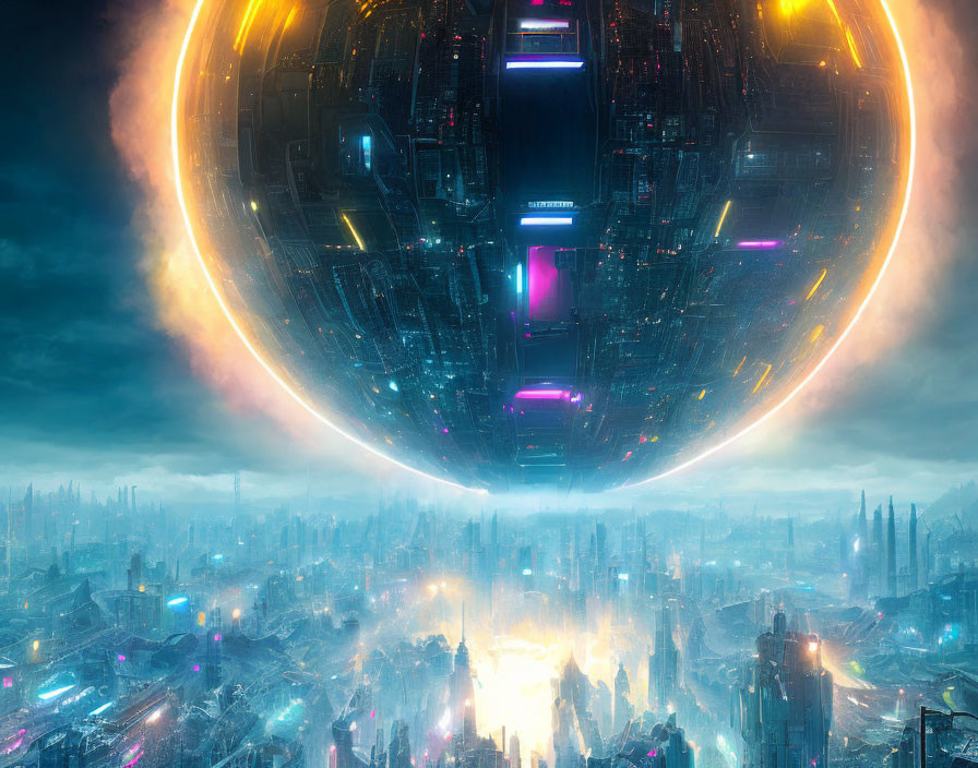 Futuristic night cityscape with glowing lights and hovering circular structure