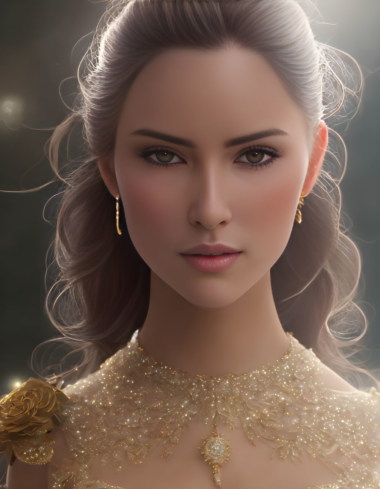 Woman's digital portrait: subtle smile, hazel eyes, elegant earrings, gold-embellished