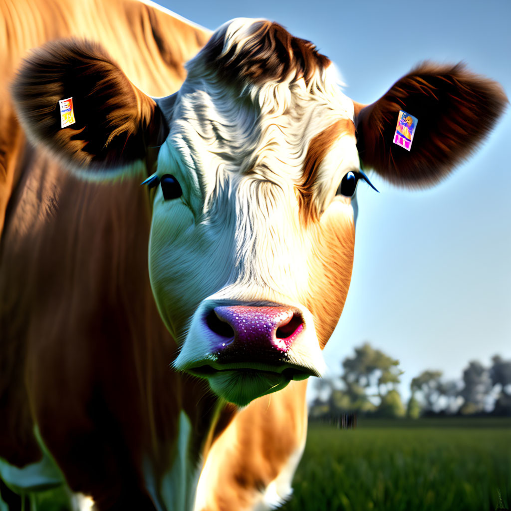 Brown and White Cow with Ear Tags in Sunny Field