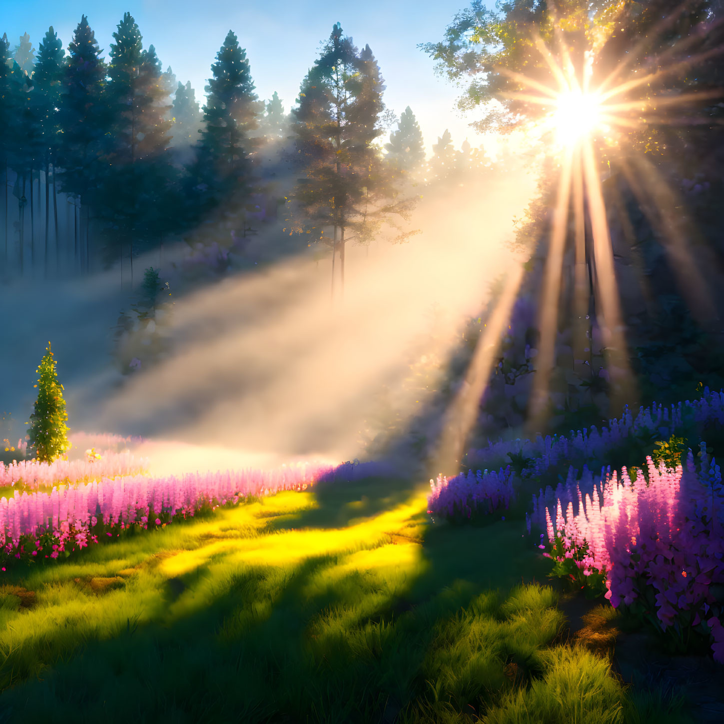 Forest sunbeams illuminate vibrant purple flowers and lush green meadow.