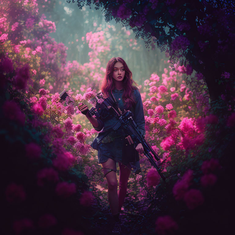 Woman with camera in magical purple forest with blooming flowers