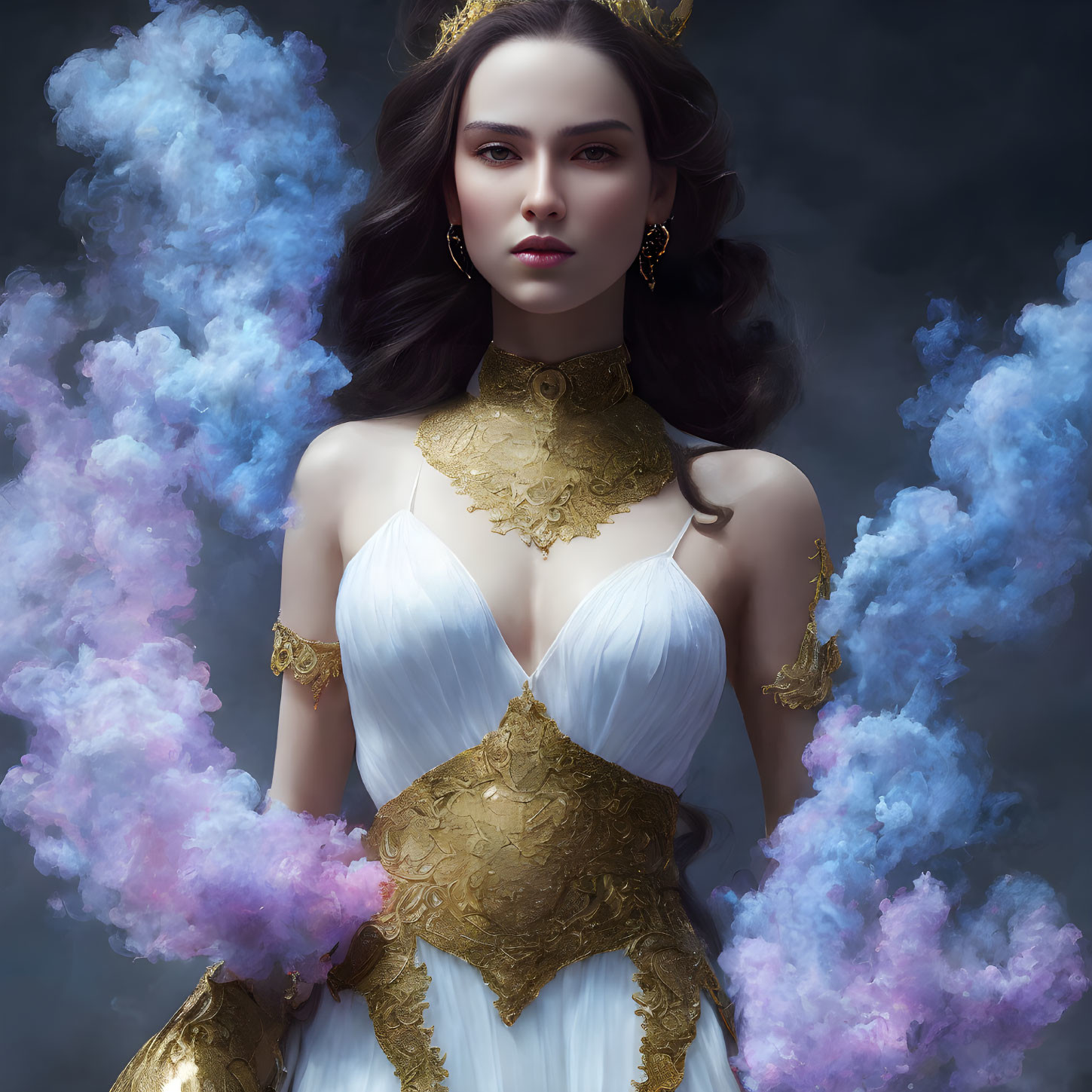 Regal woman in white and gold dress surrounded by pink and blue clouds