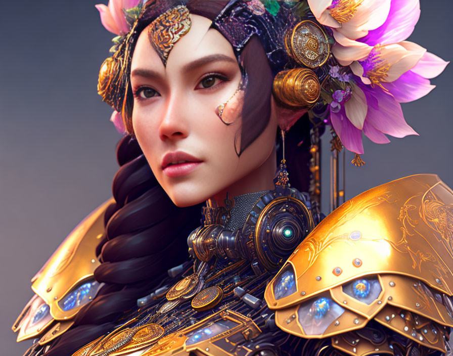 Digital Artwork: Woman in Golden Armor with Floral Accents