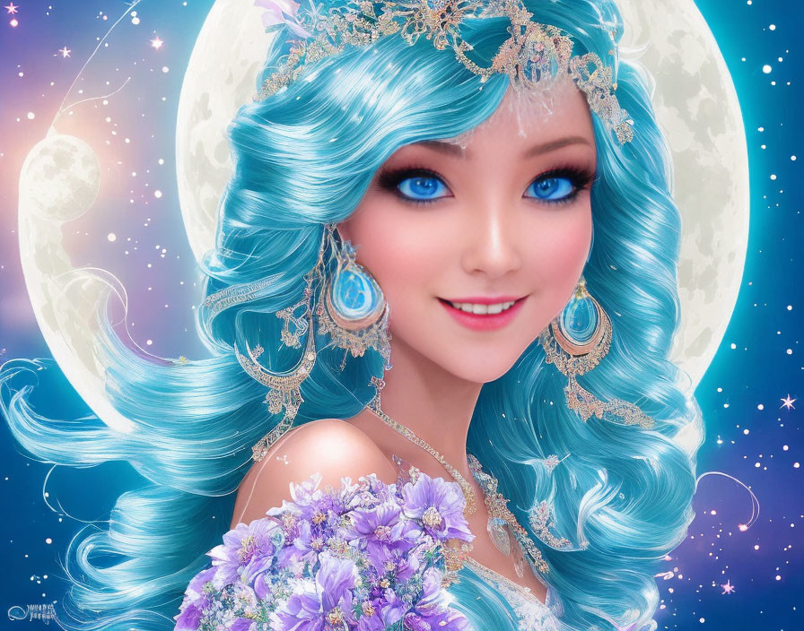 Female figure with blue hair and eyes, adorned with jewelry, holding purple flowers against a celestial moon backdrop