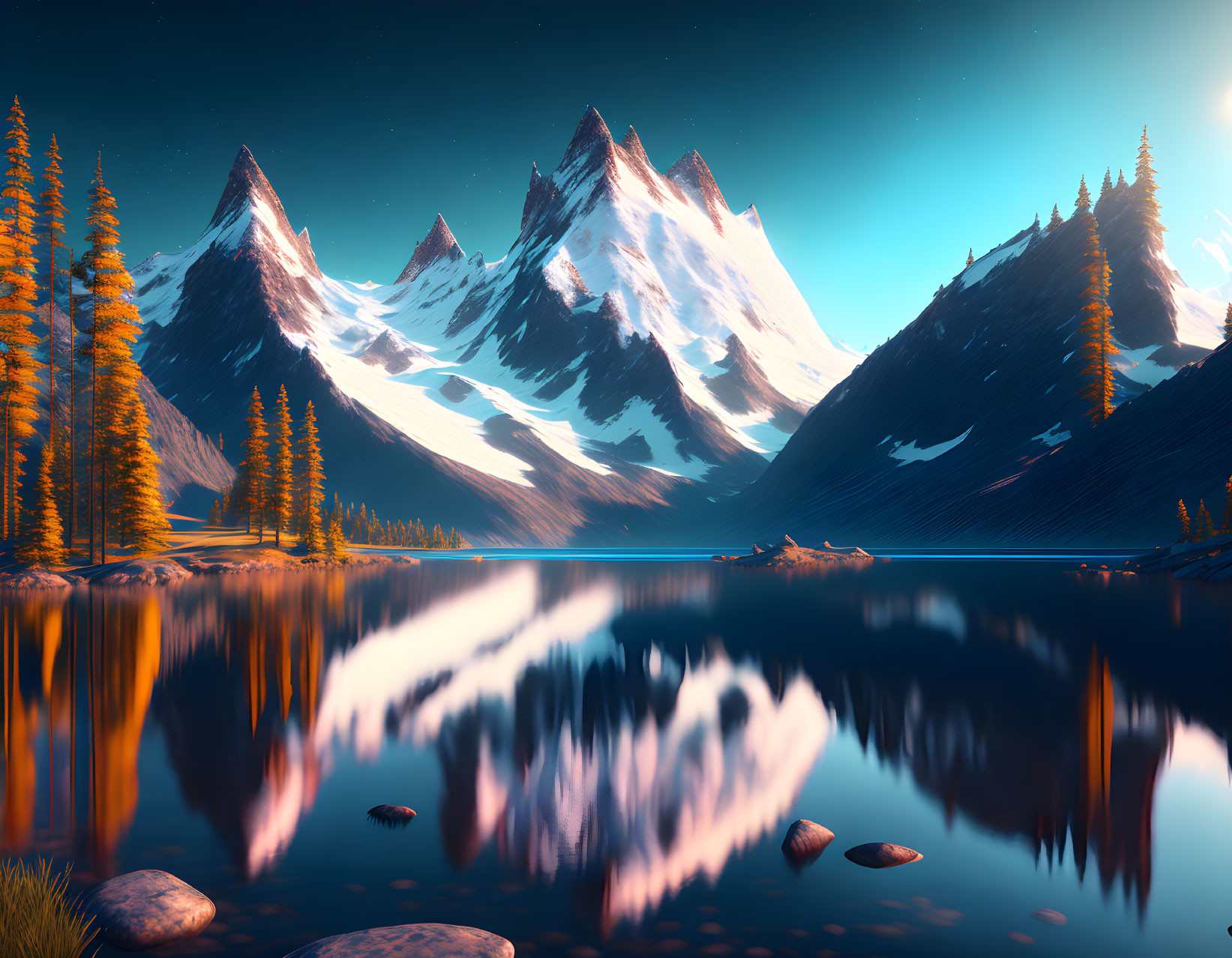 Snow-capped mountains and calm lake in serene landscape