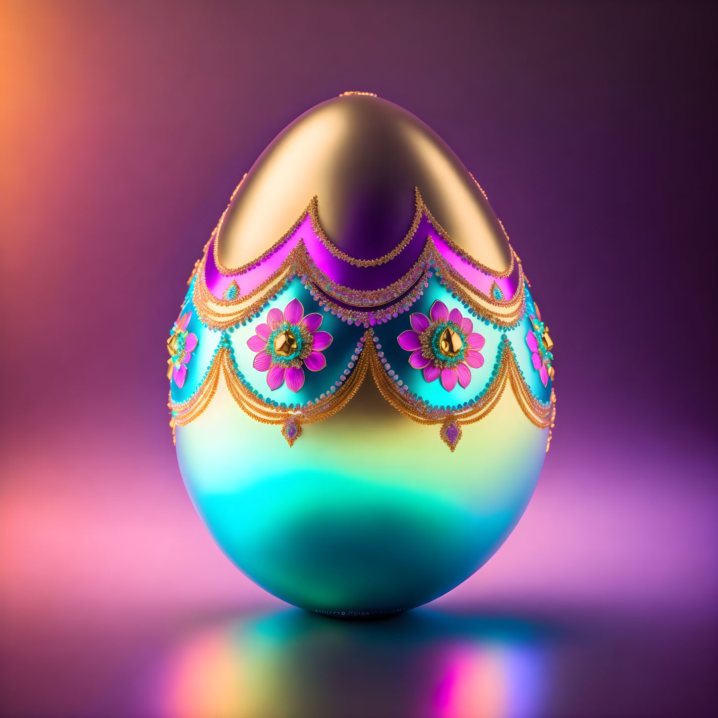 Ornate jewel-adorned egg with gold patterns on purple-pink background