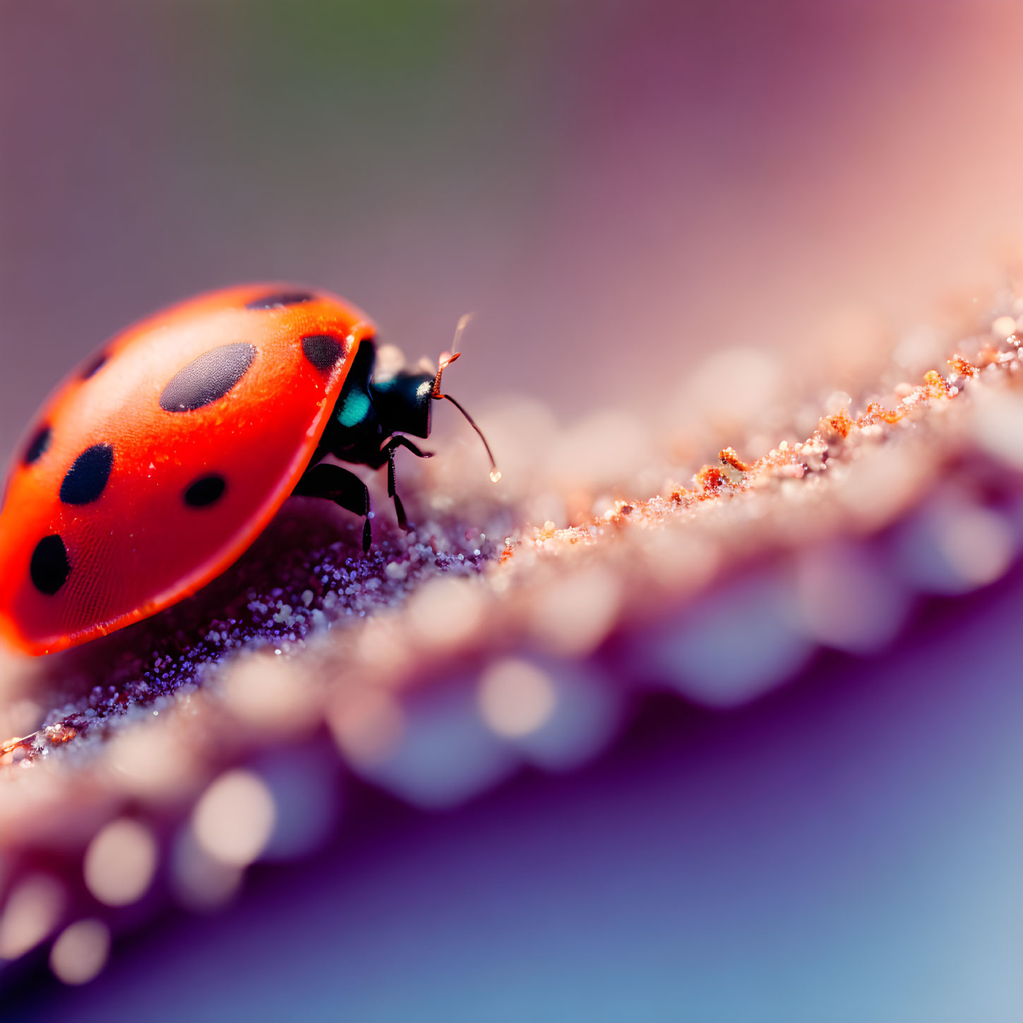 Vibrant red ladybug with black spots on plant stem under warm lighting