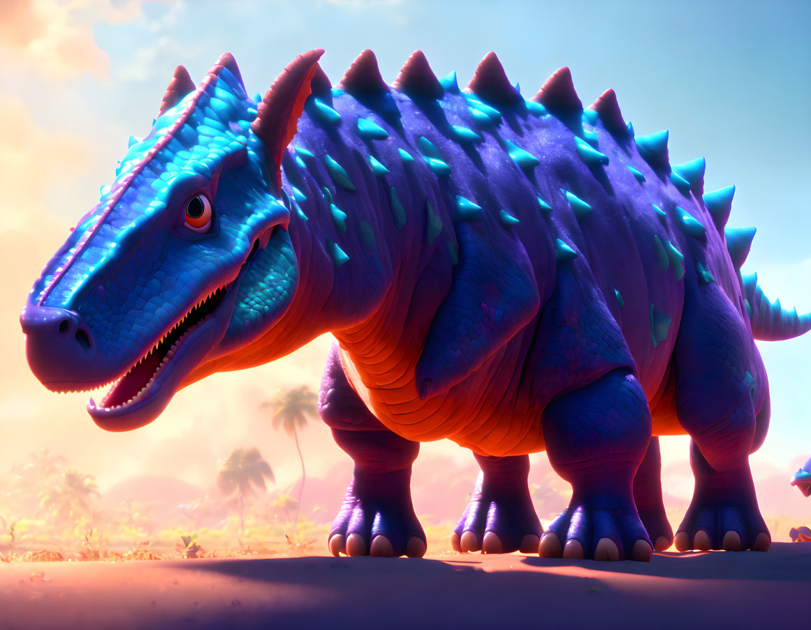 Colorful animated dinosaur in tropical sunset scene