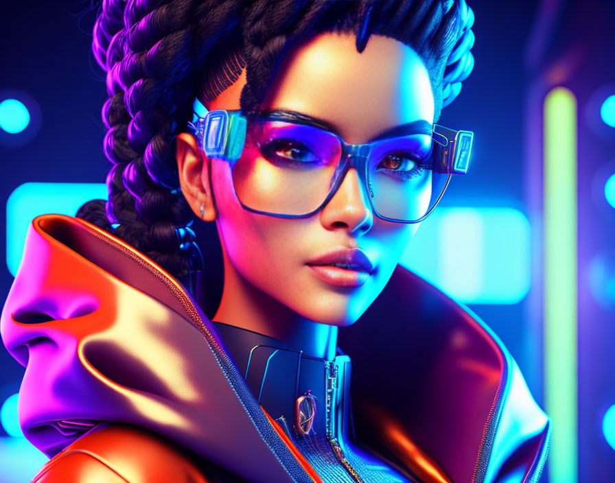 Stylized 3D illustration of woman with braided hair and futuristic glasses in high-collar jacket