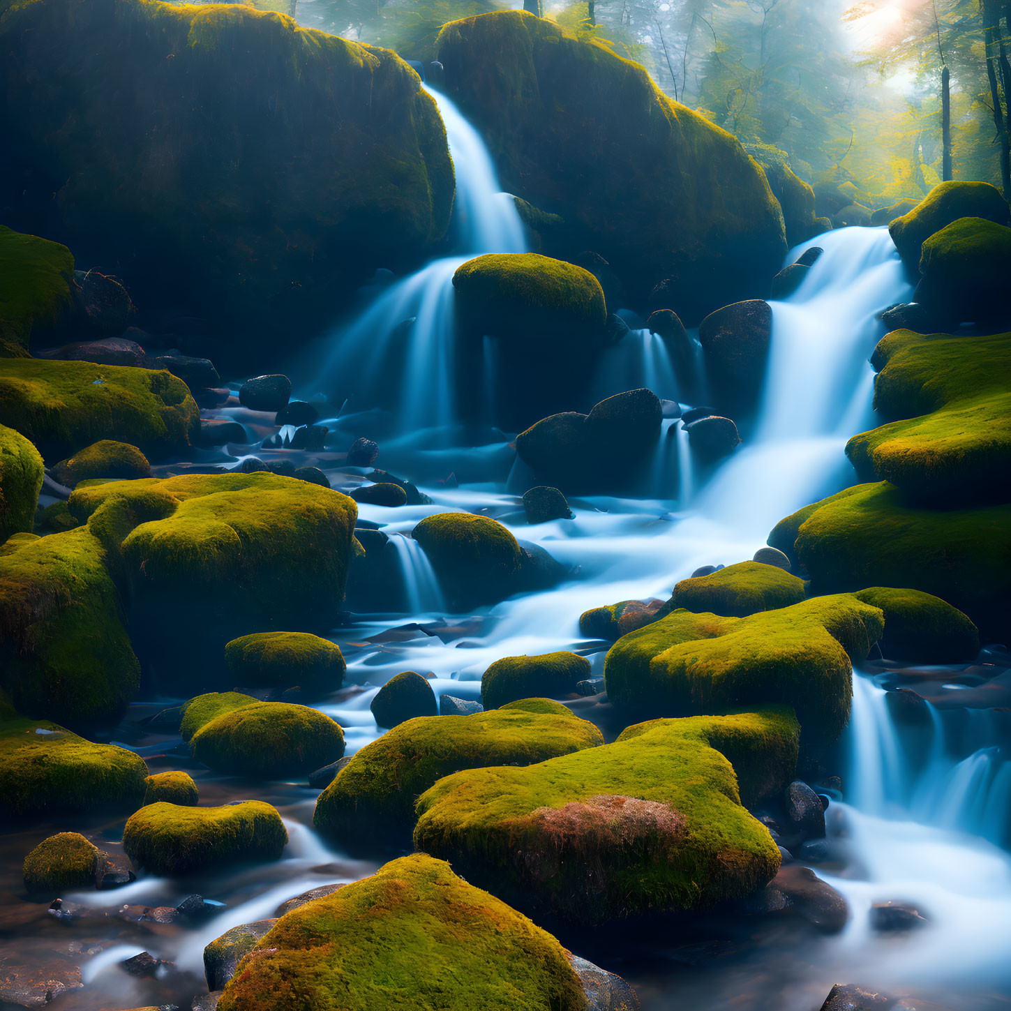 Tranquil waterfall in mossy forest with sunlight rays